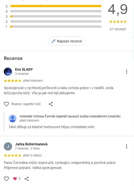 Recenze zákazníků instalatérství topenářství